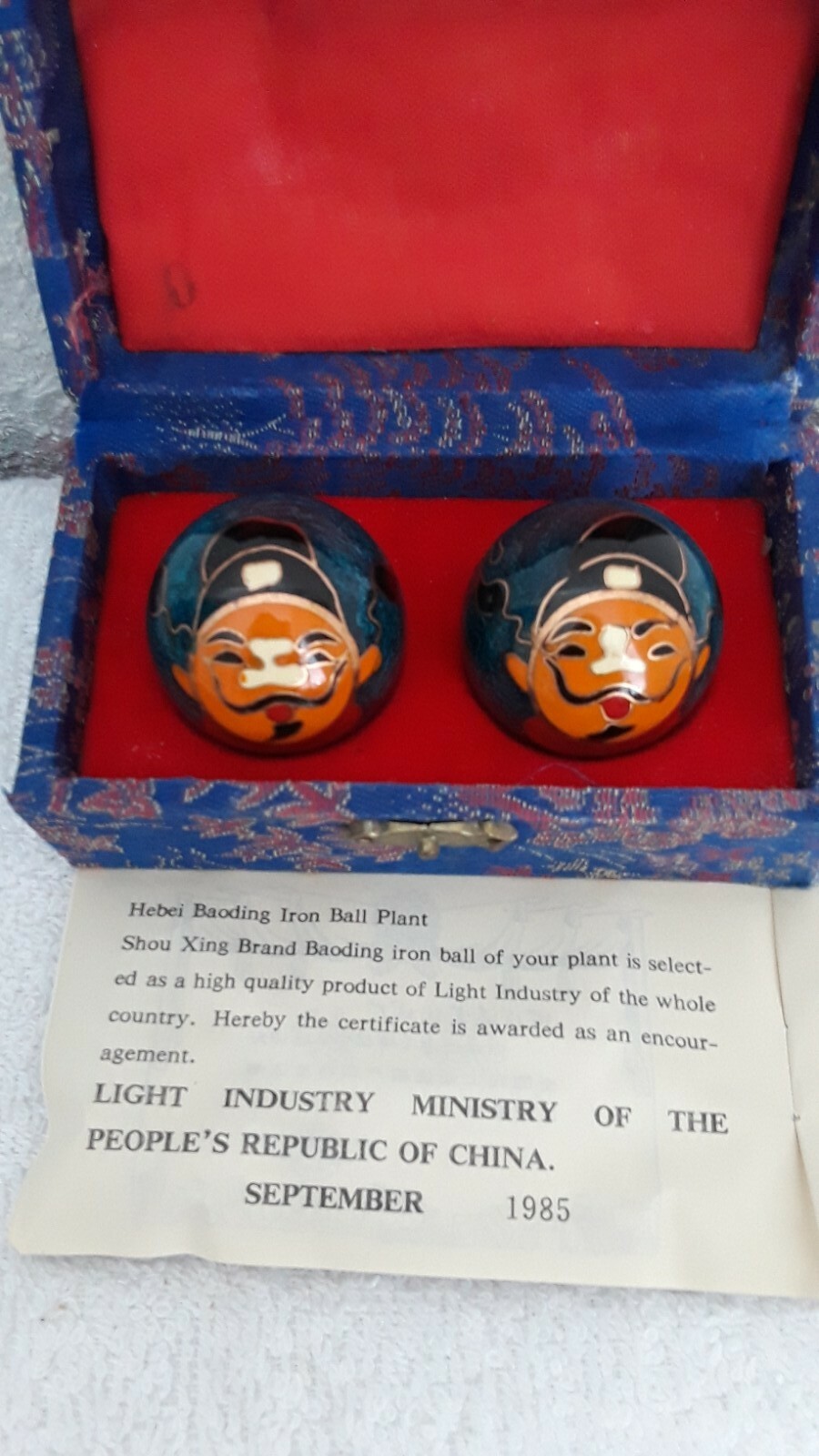 Vtg SHOU XING Boading Teddy Chime Iron Balls For Health Stress Relief Blue Box