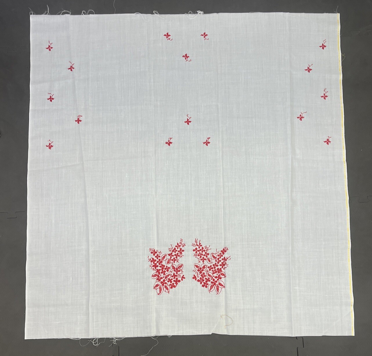 Vintage Handworked NEEDLEPOINT Piece – White w/Red/Floral Design Approx 43″x45″