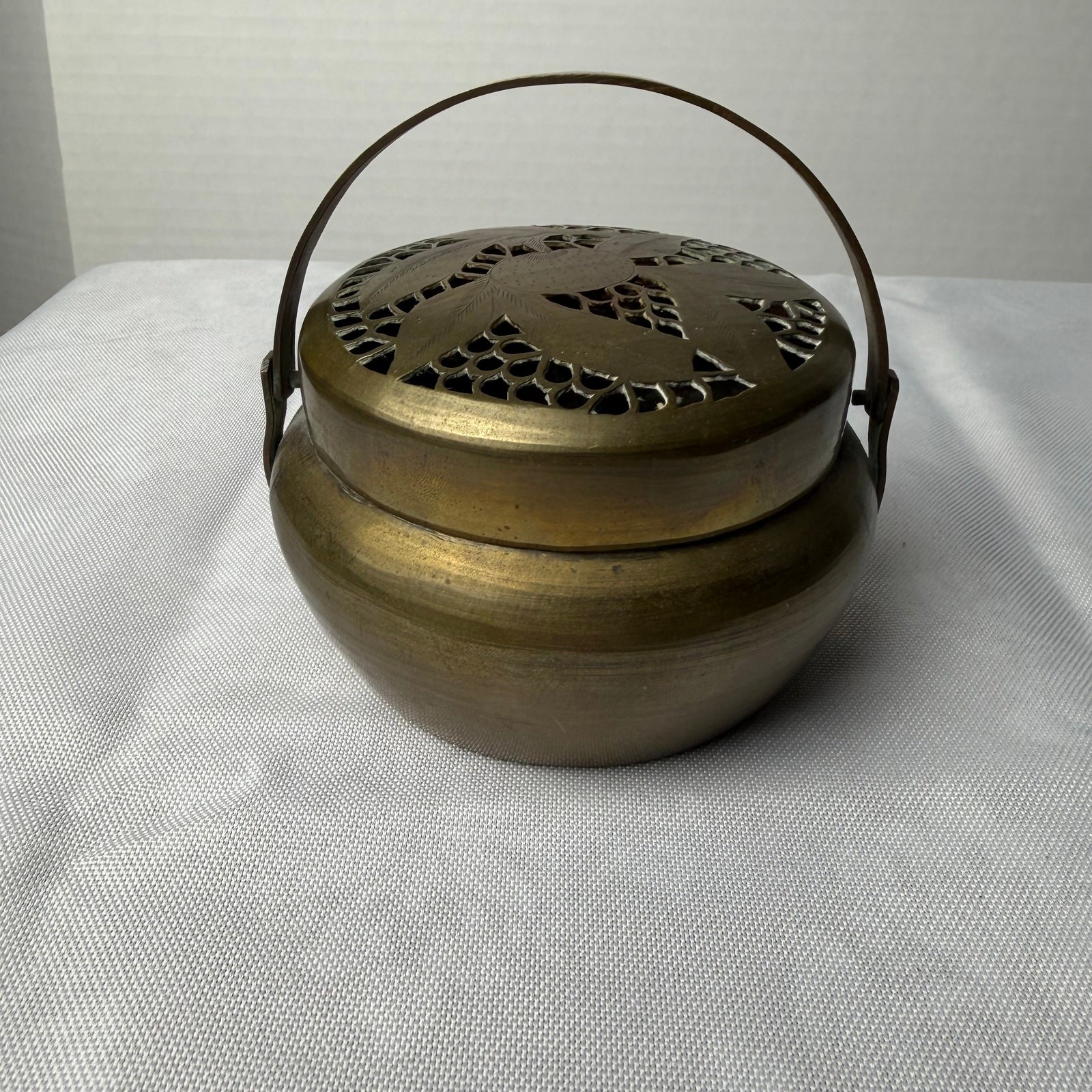 VTG Chinese Brass Xiulu Hand Warmer Pierced Pomegranate Lid Incense Holder Gift