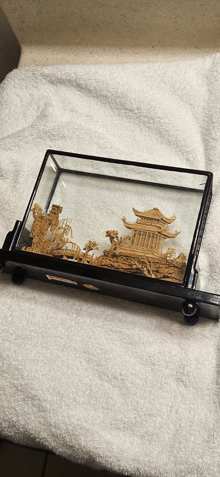 Vintage Chinese San You Cork Art Hand Carved Diorama Pagoda Cranes Trees