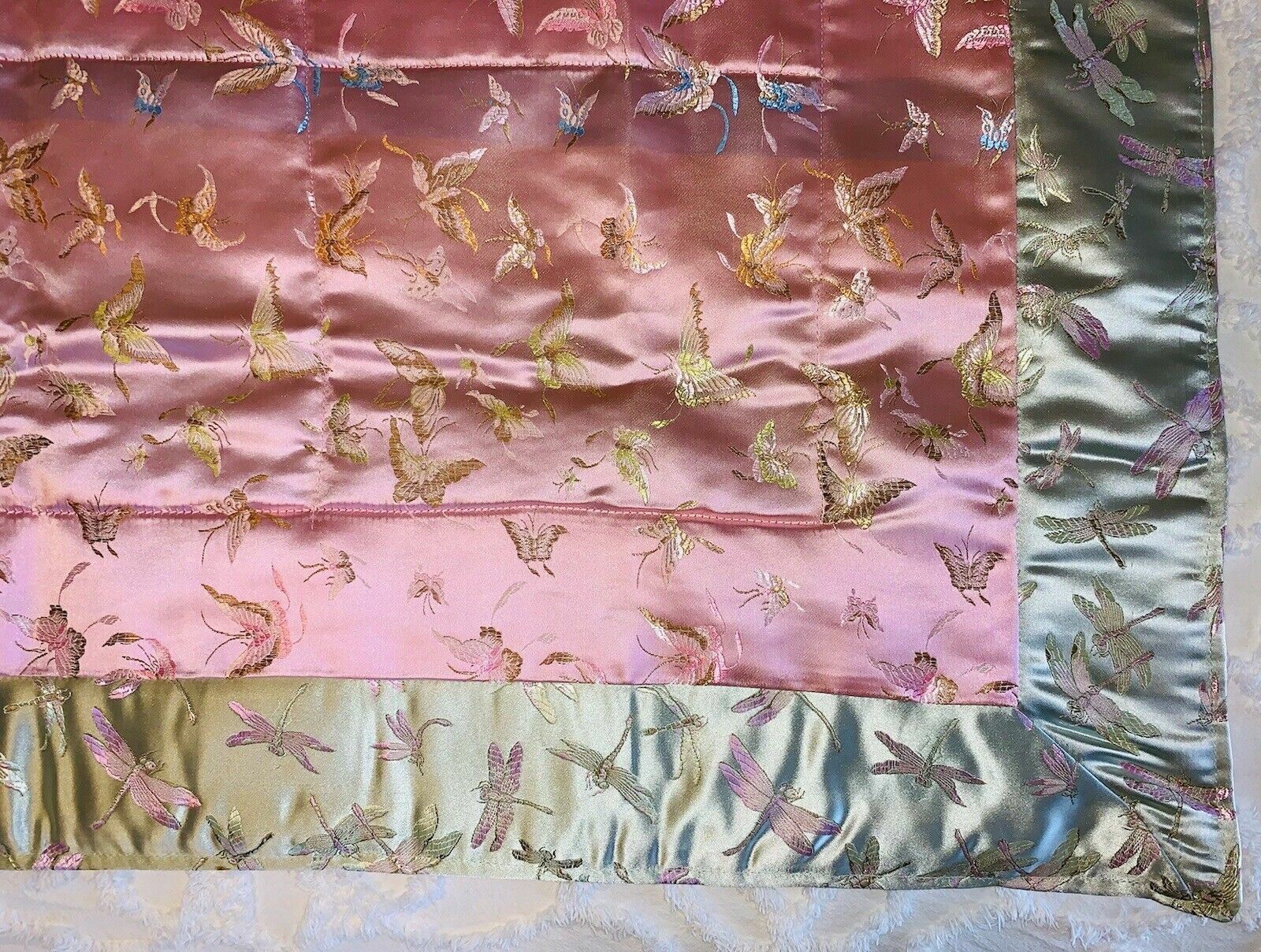 VTG Chinese Embroidered Silk Stitched Wall Tapestry Panel Dragonfly Butterfly