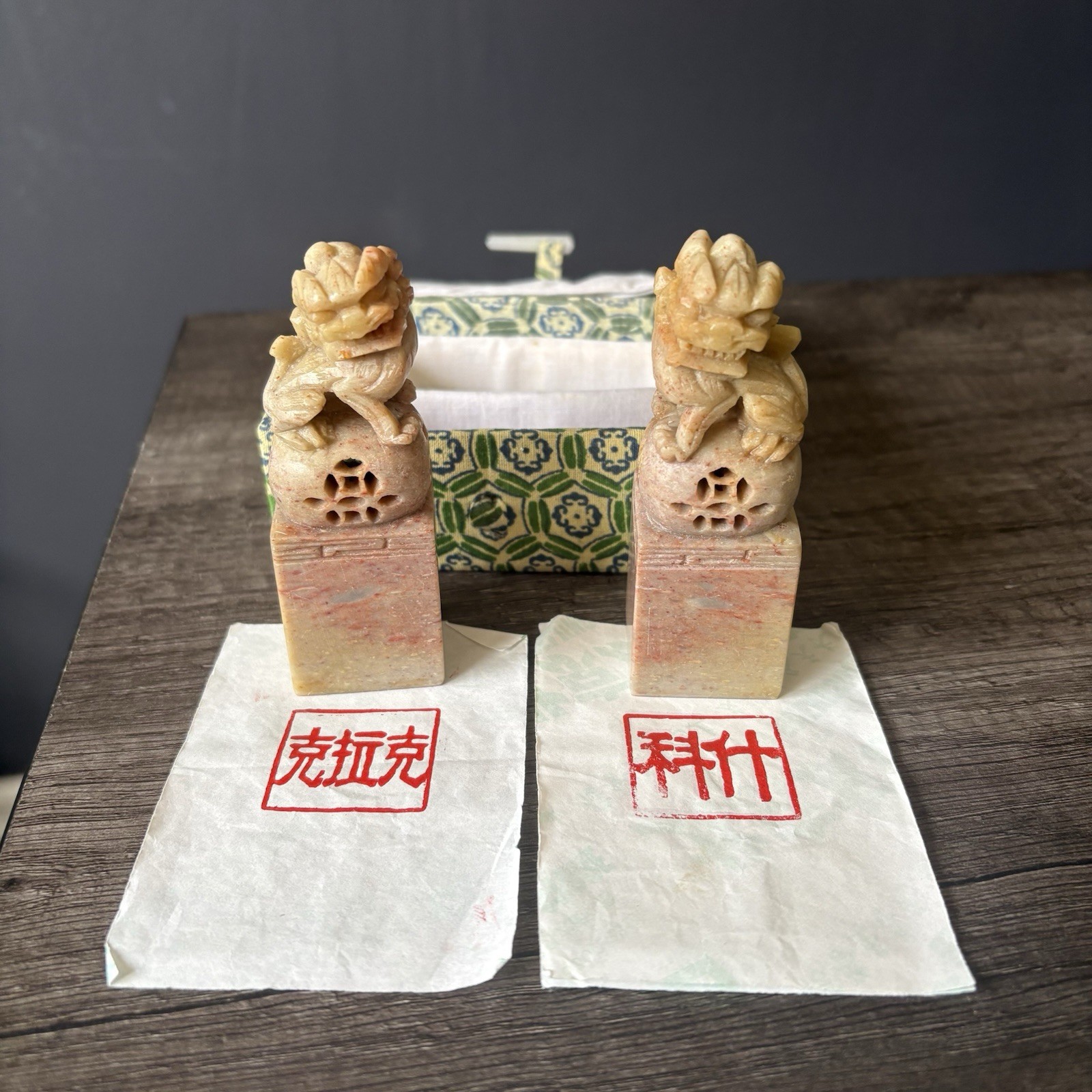 Vintage Chinese Soapstone Foo Dog Seal Stamps (Pair) – Hand Carved Lion Chops