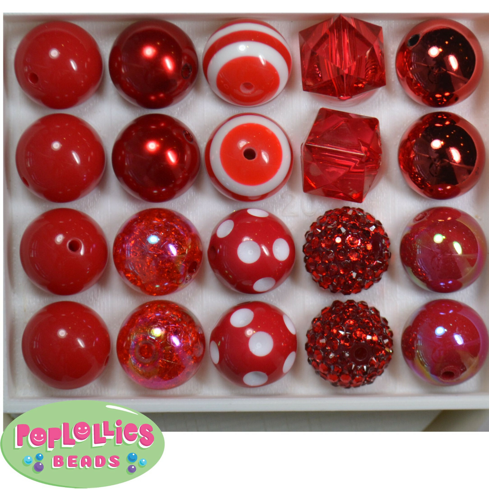 20mm Bubblegum Beads Lot 20 pc. RED Mixed beads Chunky Jewelry Necklace
