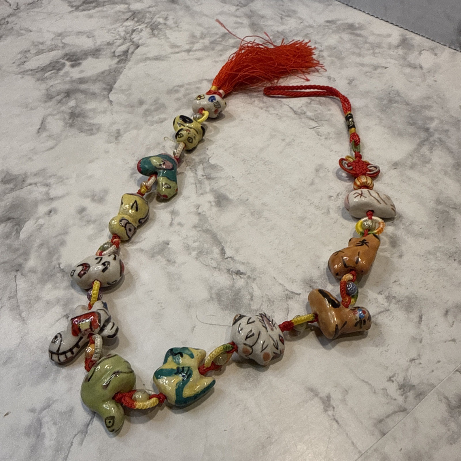 Folk Art Chinese Zodiac Porcelain Hand Painted Animal Garland Tassel 23 Long GUC