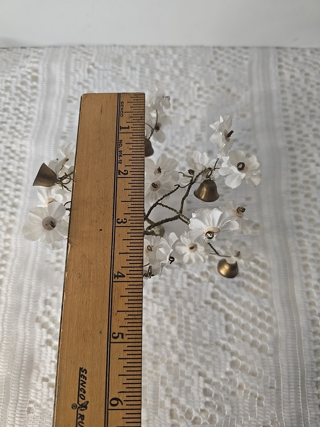 VTG Bonsai Prosperity Tree White Blossom Flowers Brass Bells Stone Base