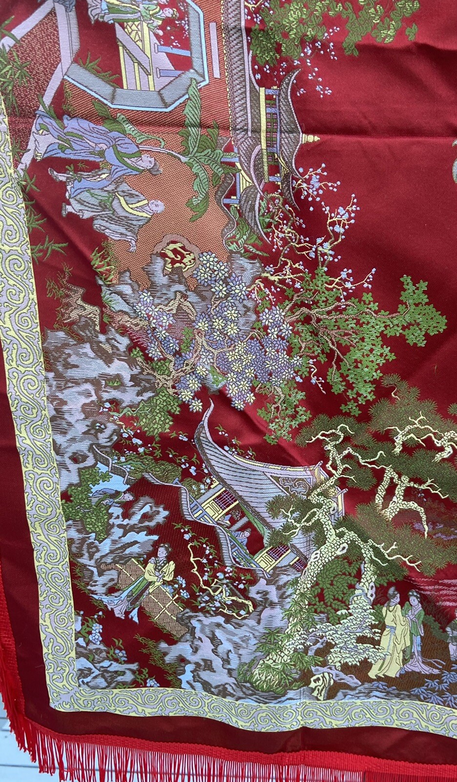 Vintage Silk Brocaded Flowers China Tapestry or Table Cloth Vivid Colors Fringe