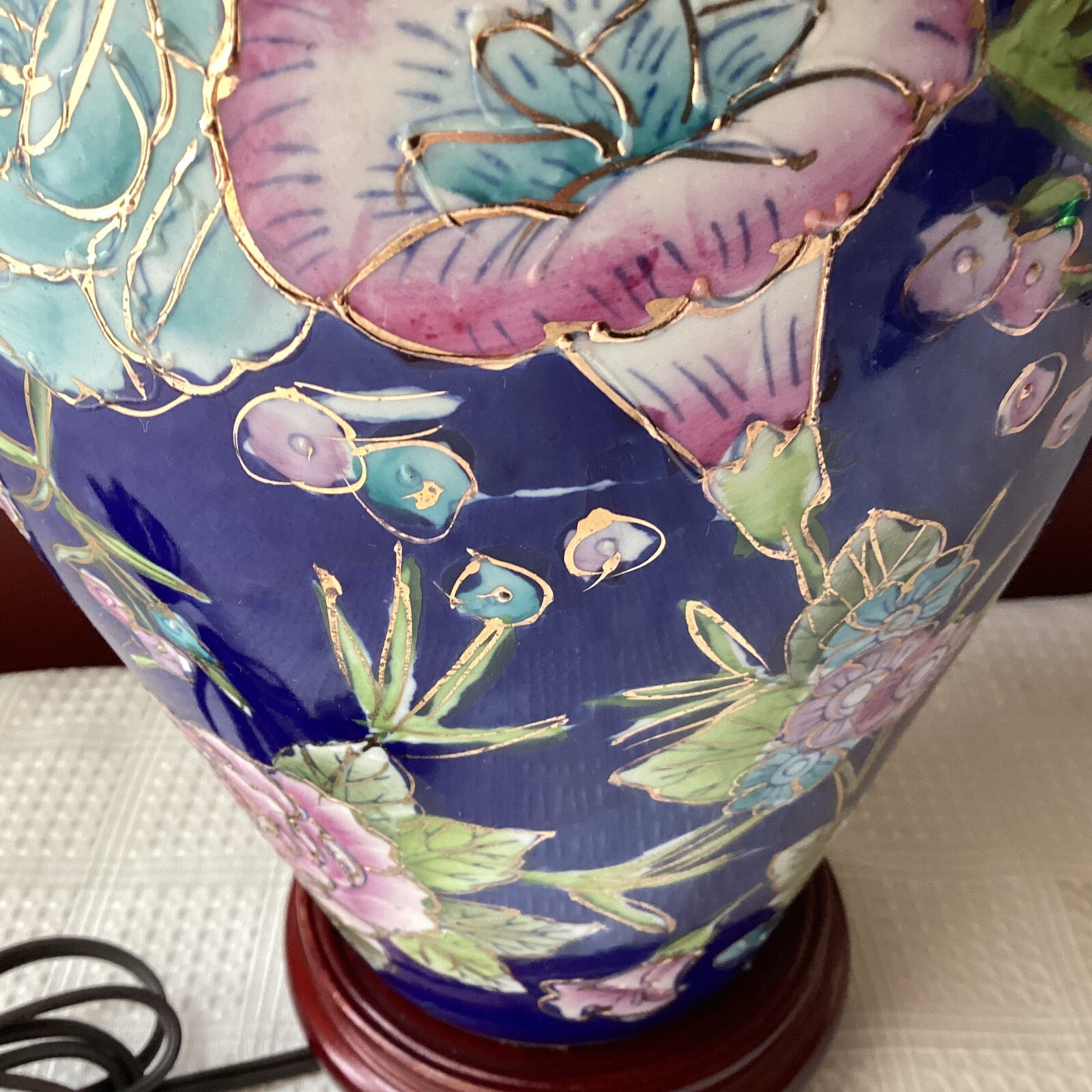 Vintage Chinese Cobalt Blue Porcelain Floral Vase Lamp Chinoiserie 16″ Working