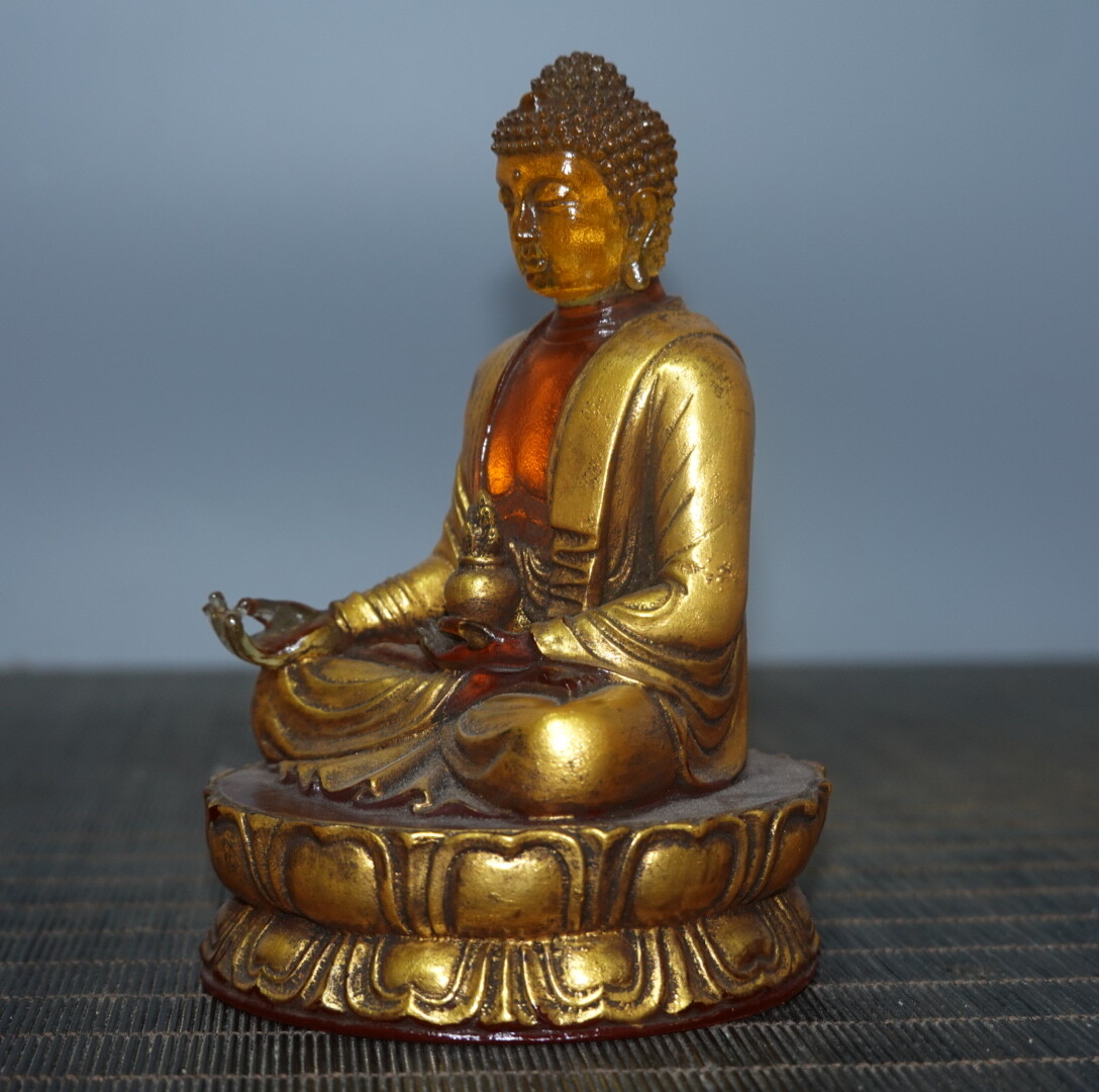4.7″ Chinese Coloured Glaze Paintings Gild Buddhism Medicine Buddha Sit Statue