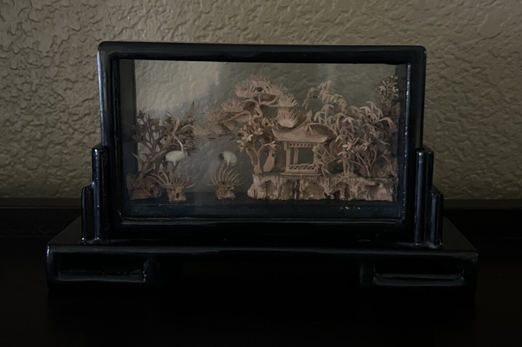 VTG CHINESE 3-D CORK MINI DIORAMA – Pagoda &Trees- Framed Under GLASS