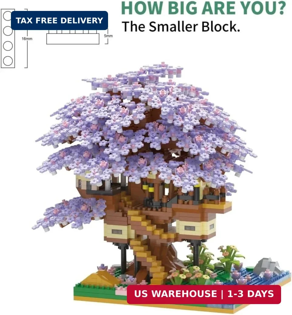 Kadablk Japanese Cherry Blossom Bonsai Tree,Sakura Tree House Model Micro Blocks