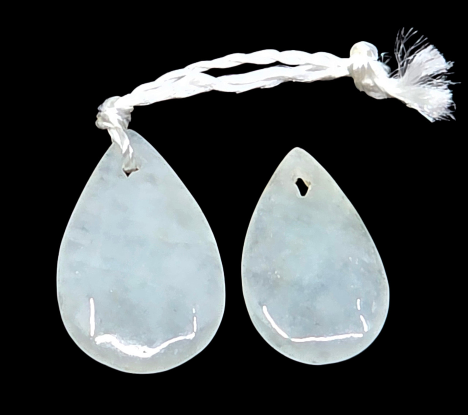 2pc Pair Hand Carved Icy White Jade Teardrop Pendants – Translucent Jadeite