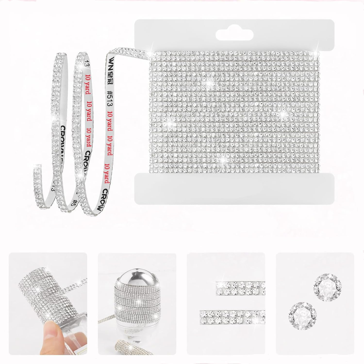 10-Yard Rhinestone Ribbon Self Adhesive Crystal Rhinestones,2-Rows/0.2In Width