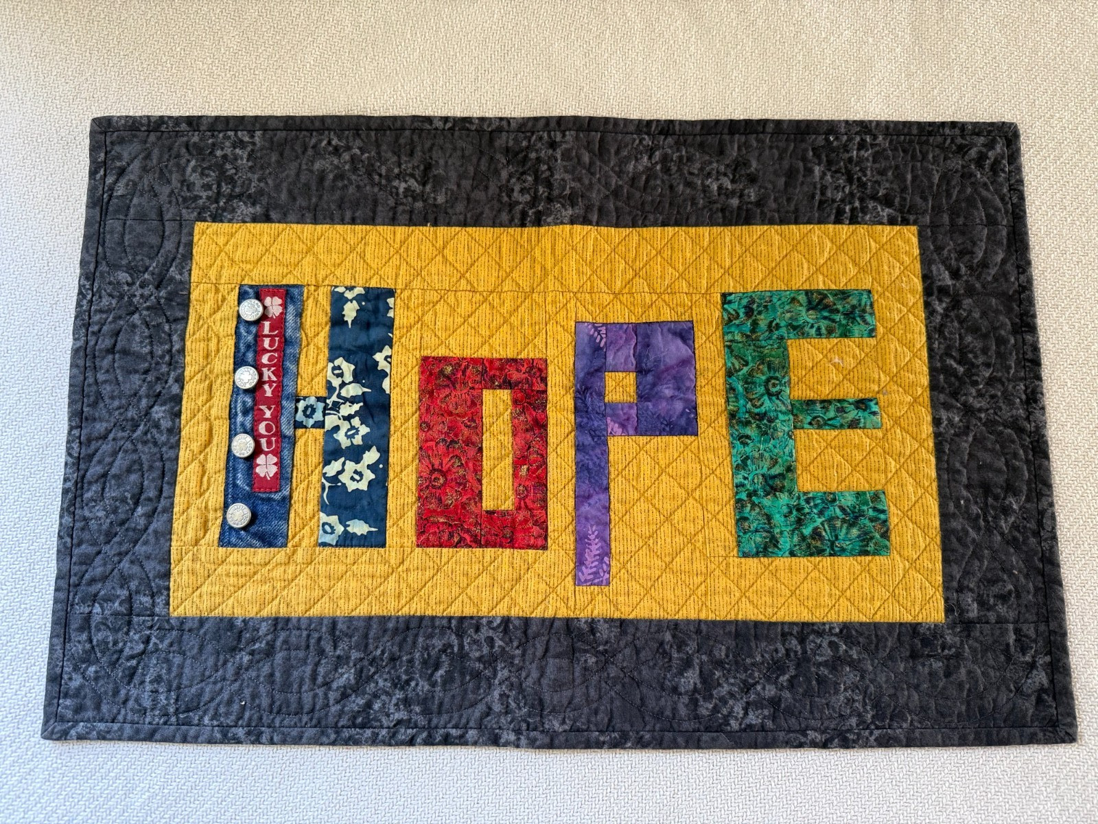 Handmade Quilted Wall Hanging HOPE Lucky You Branded Buttons 14.75 x 22.75