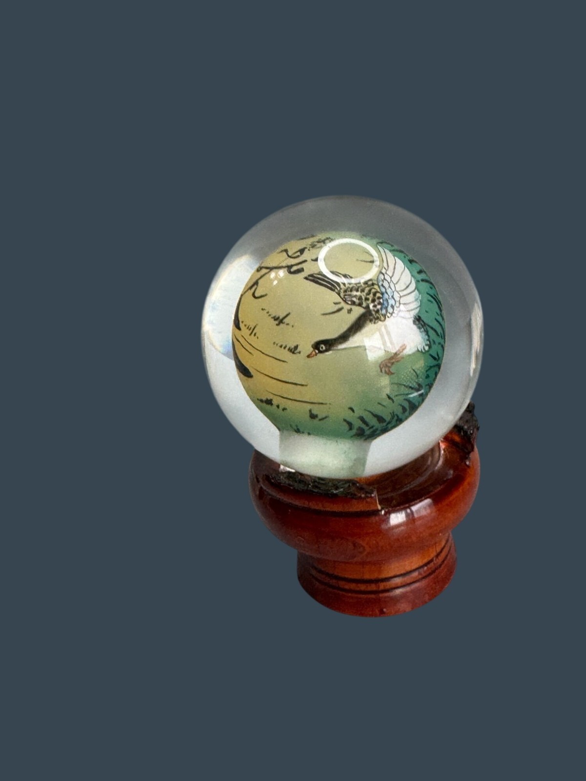 Chinese Reverse Painted Crystal Ball Bird Scene Wood Stand 4 Inch Glass Artwork
