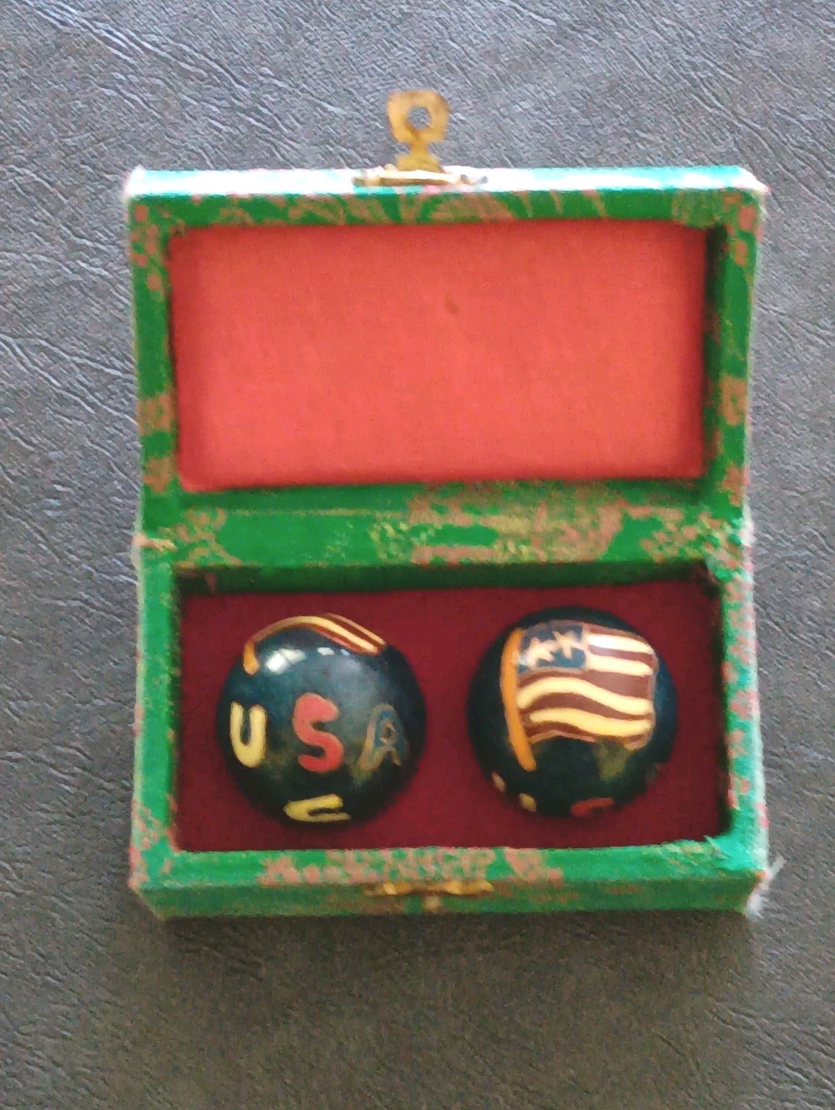 Vtg Chinese Baoding Cloisonné Balls with Brocade Box “USA” Flag Design