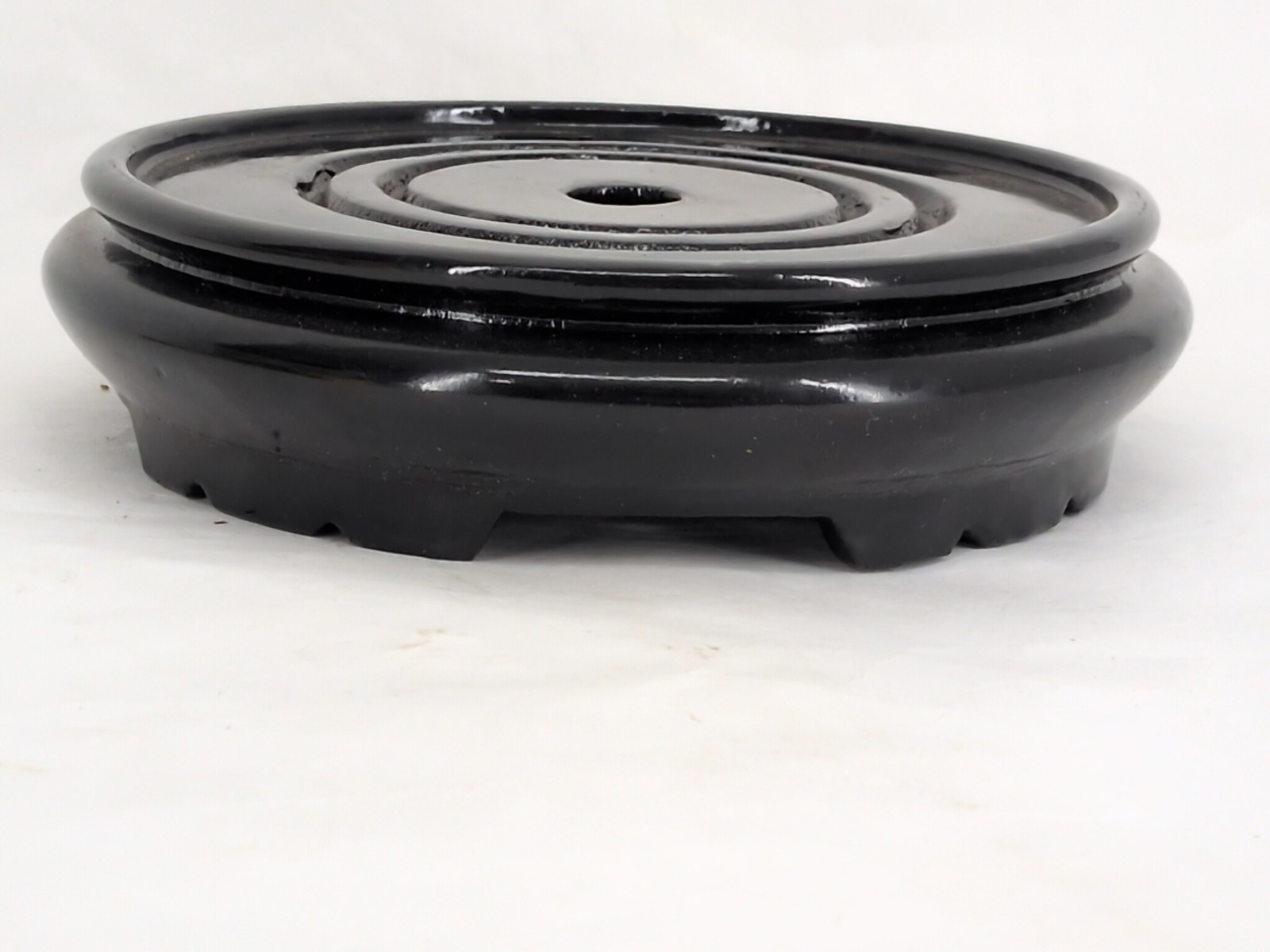 Vintage Chinese 20th c. Carved Black Lacquer Round Wooden Wood Stand Fits 6″