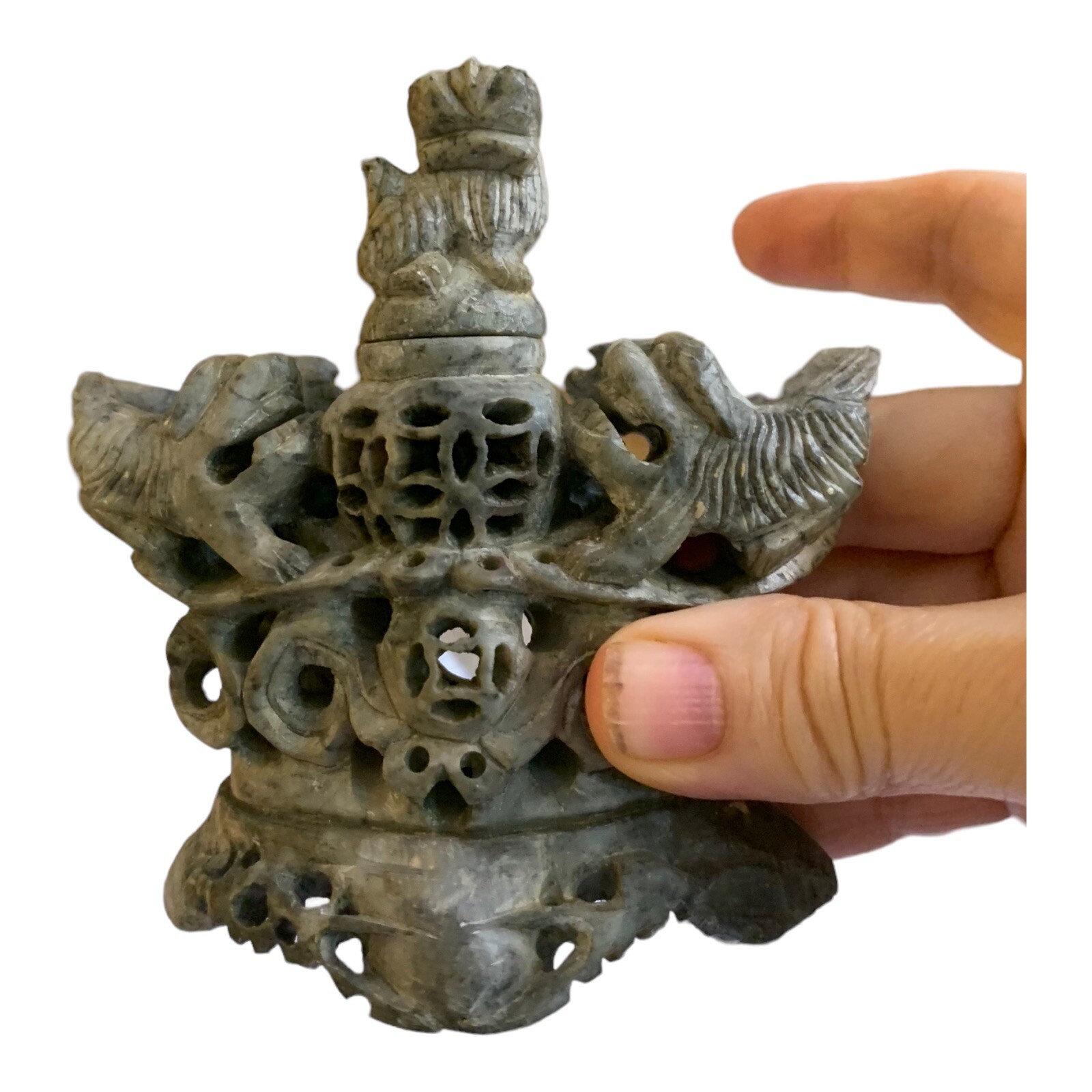 Chinese Hand Carved Soapstone Incense Burner Foo Dogs/Lions Vintage 4” X 4 1/2”