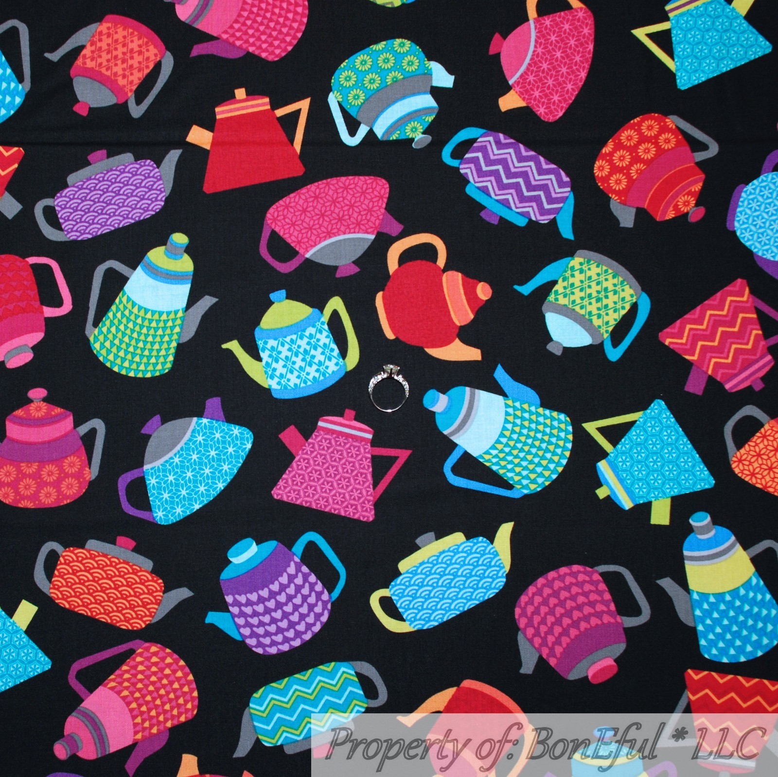 BonEful FABRIC FQ Cotton Quilt Black Rainbow Tea Pot Kitchen Kettle Antique Girl