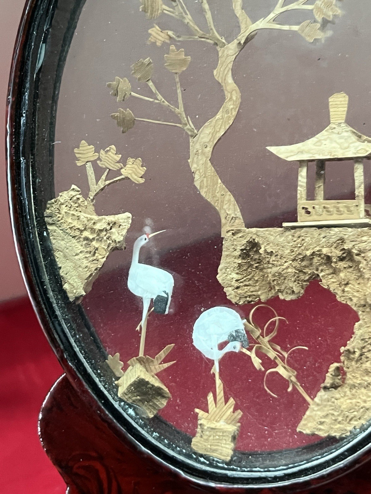 8” CHINESE 3D CARVED CORK ART DIORAMA OVAL GLASS SHOWCASE CRANES PAGODA TREES