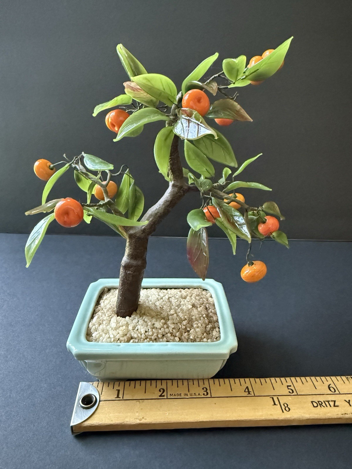 Vintage Glass Bonsai Tree Jade Green Leaves Oranges Asian Celadon Pot