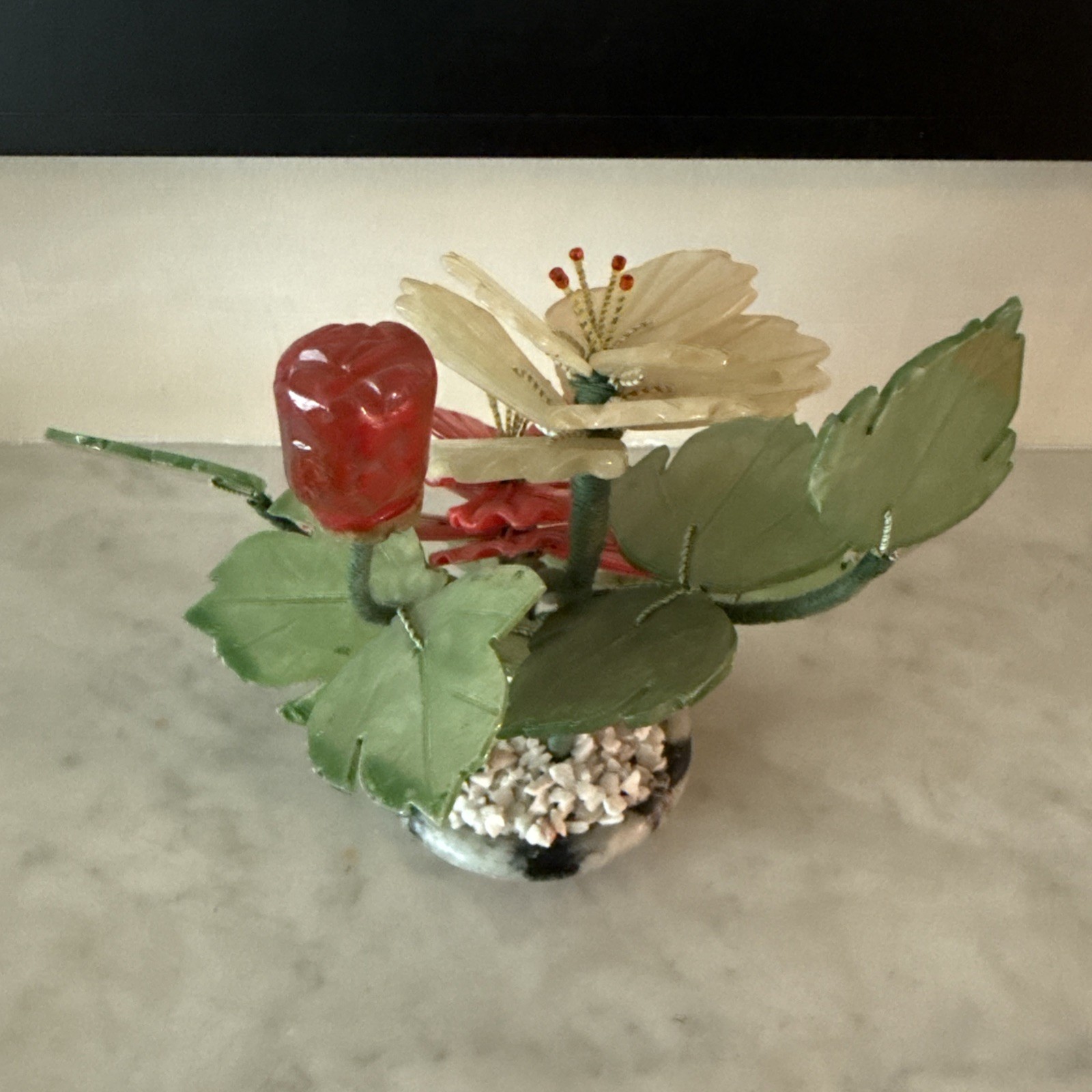 Vintage Jade Bonsai Tree Carved Red Hibiscus Flowers High Blossom 6.25” By 7”