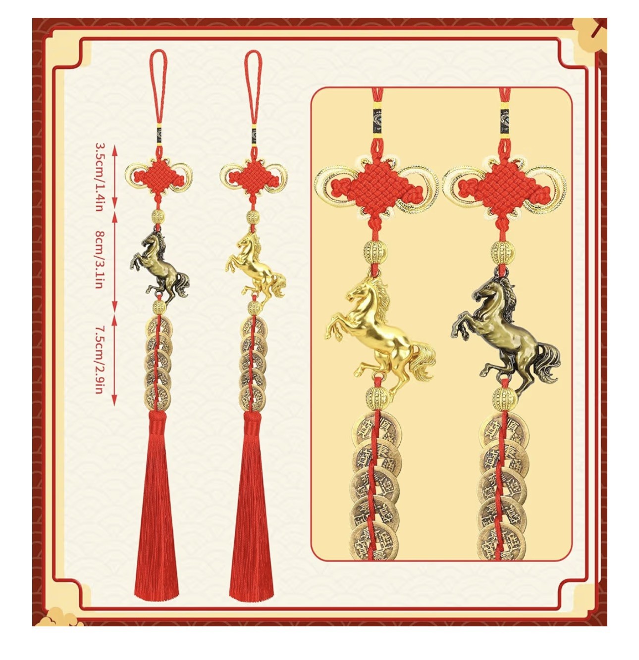 8 Pcs Chinese New Horse Ornaments 2026 – Red Gold Bronze Lucky Charms