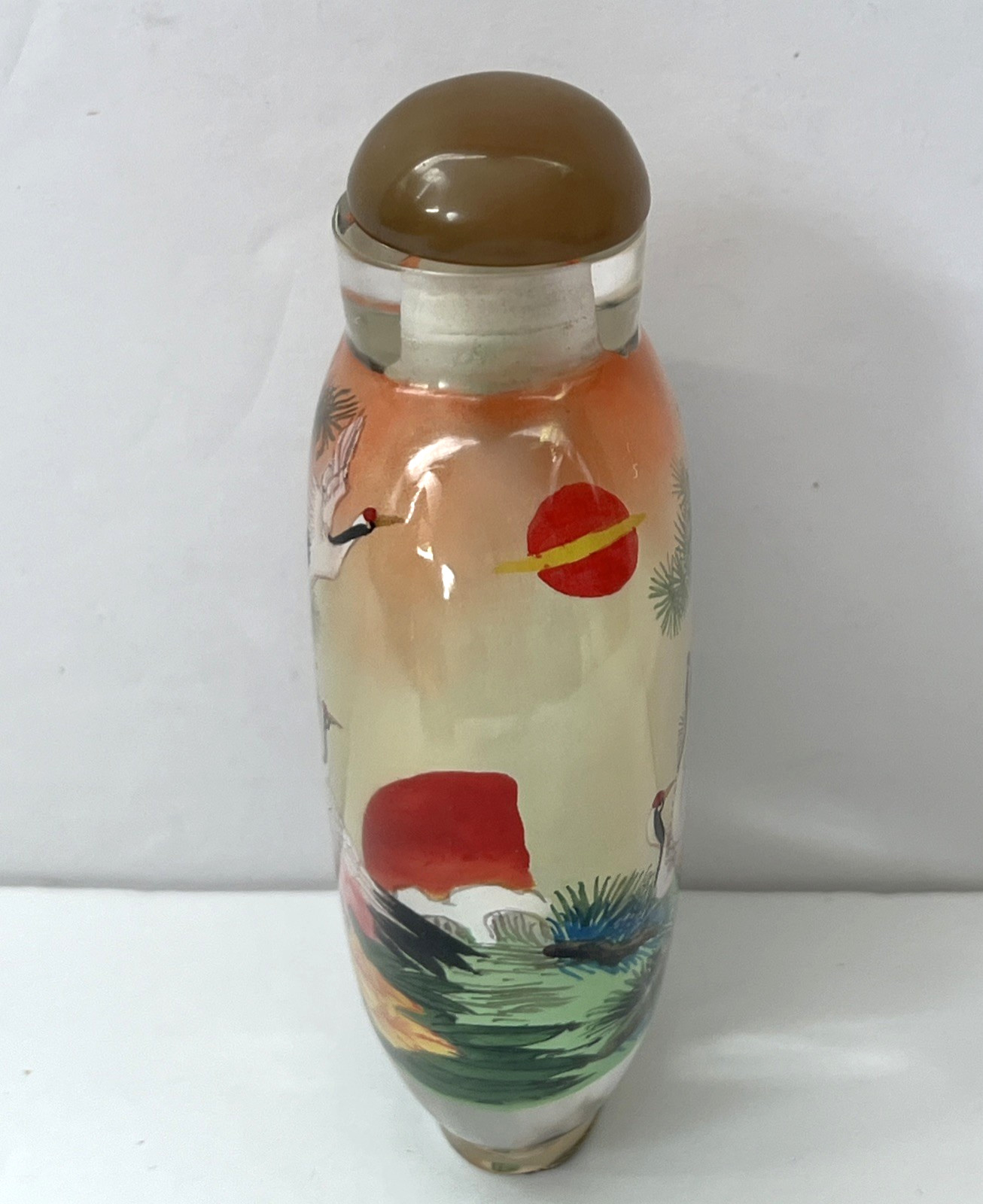 Vintage Chinese Reverse Painted Glass Snuff Bottle Crane Peony Pine Tree