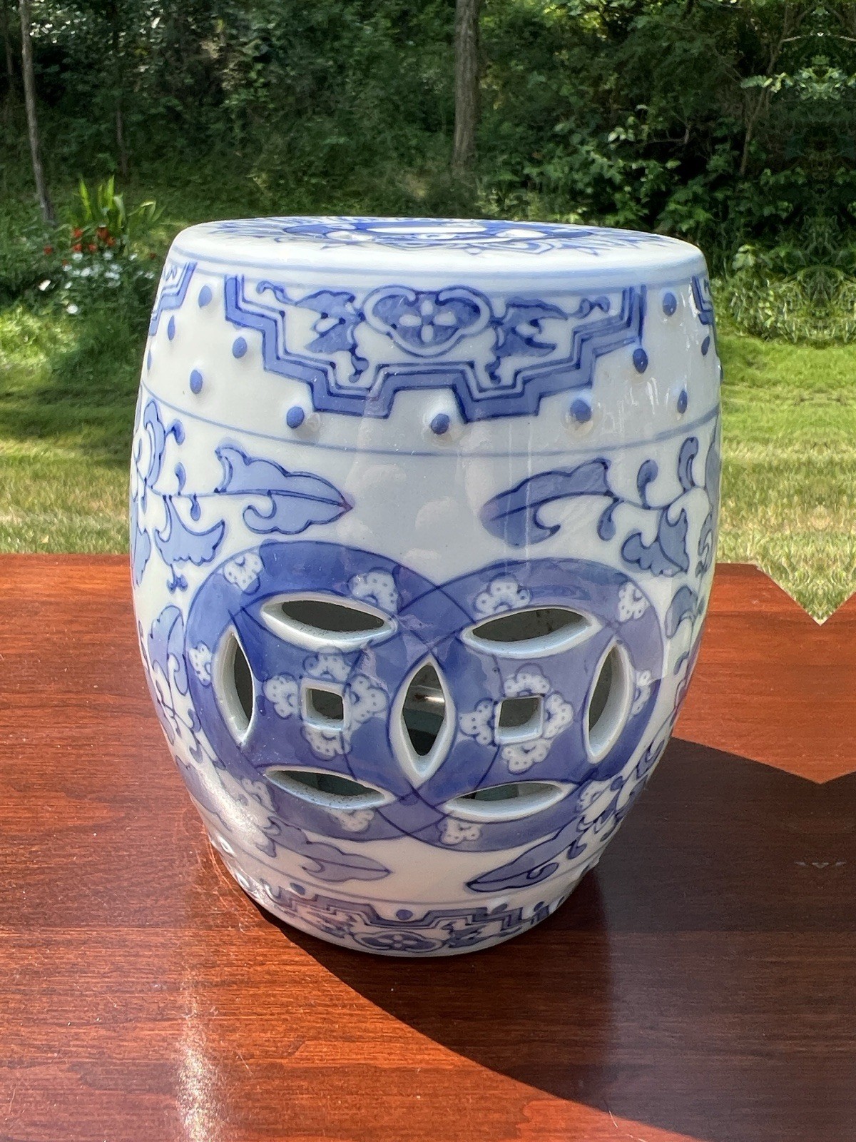 VTG Handpainted Blue and White Chinoiserie Porcelain Plant Stand Riser Pedestal