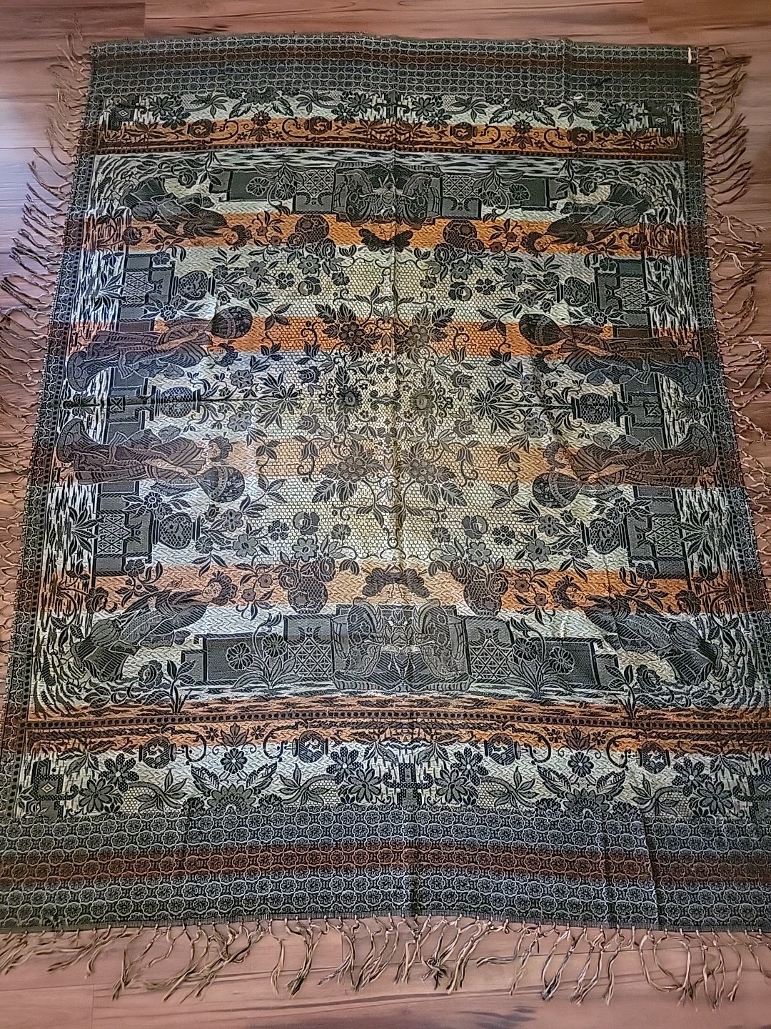 Vintage Asian Brocade Floral Silk Tapestry Bedcover Fringe Double Sided