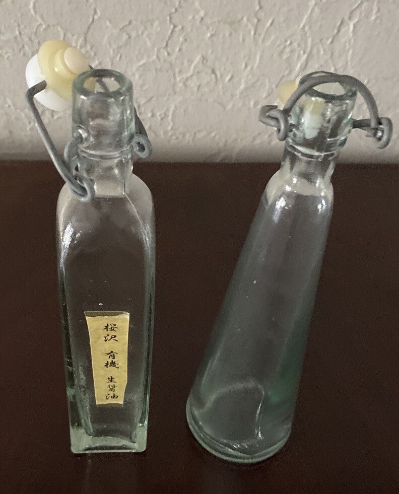 Vintage 2 Japanese Chinese Asian Glass Soy Bottles 70s- 80s Restaurant Not Used