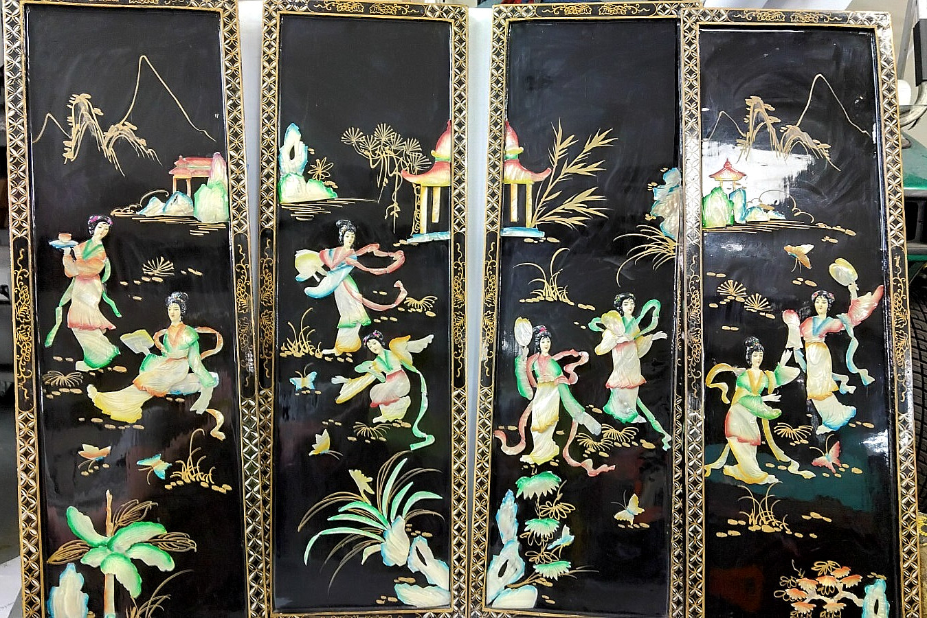Set of 4pcs vintage Asian Black Lacquer Mother of the Pearl wood panels 12×36