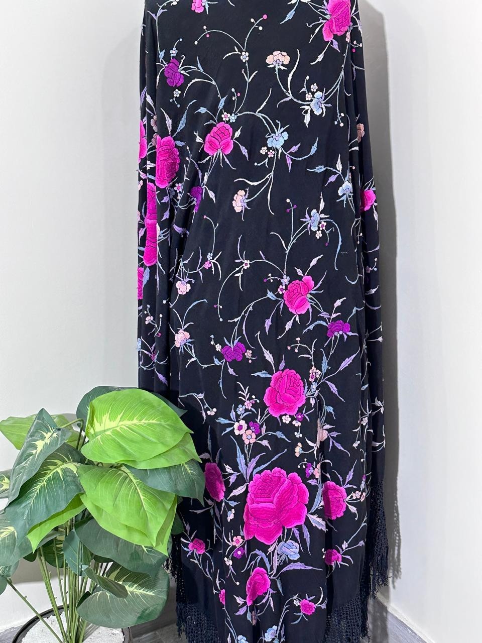 Antique Menton De Manila Silk Black Ground Multi Embroidery Piano Shawal,