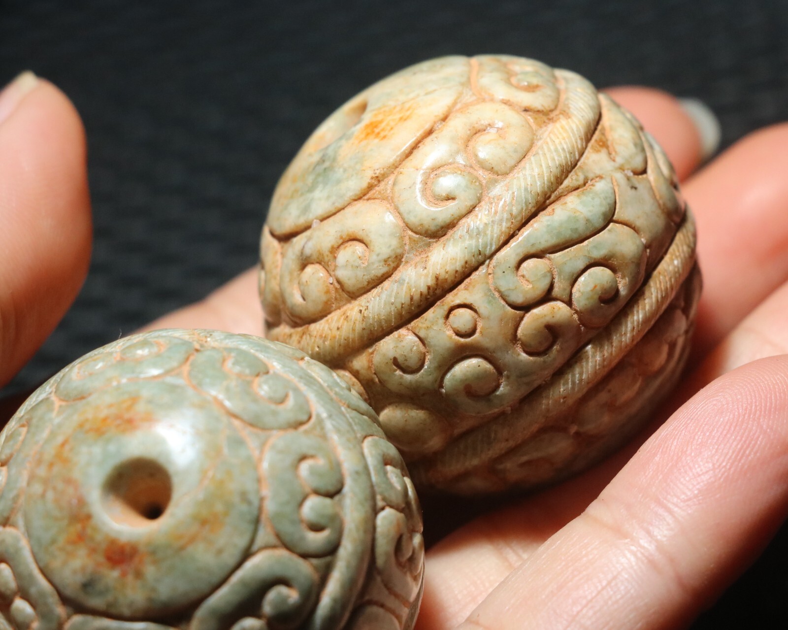 Pair of Chinese Hetian Old JADE Linking Fortune Large Ball Sphere 40MM Amulets