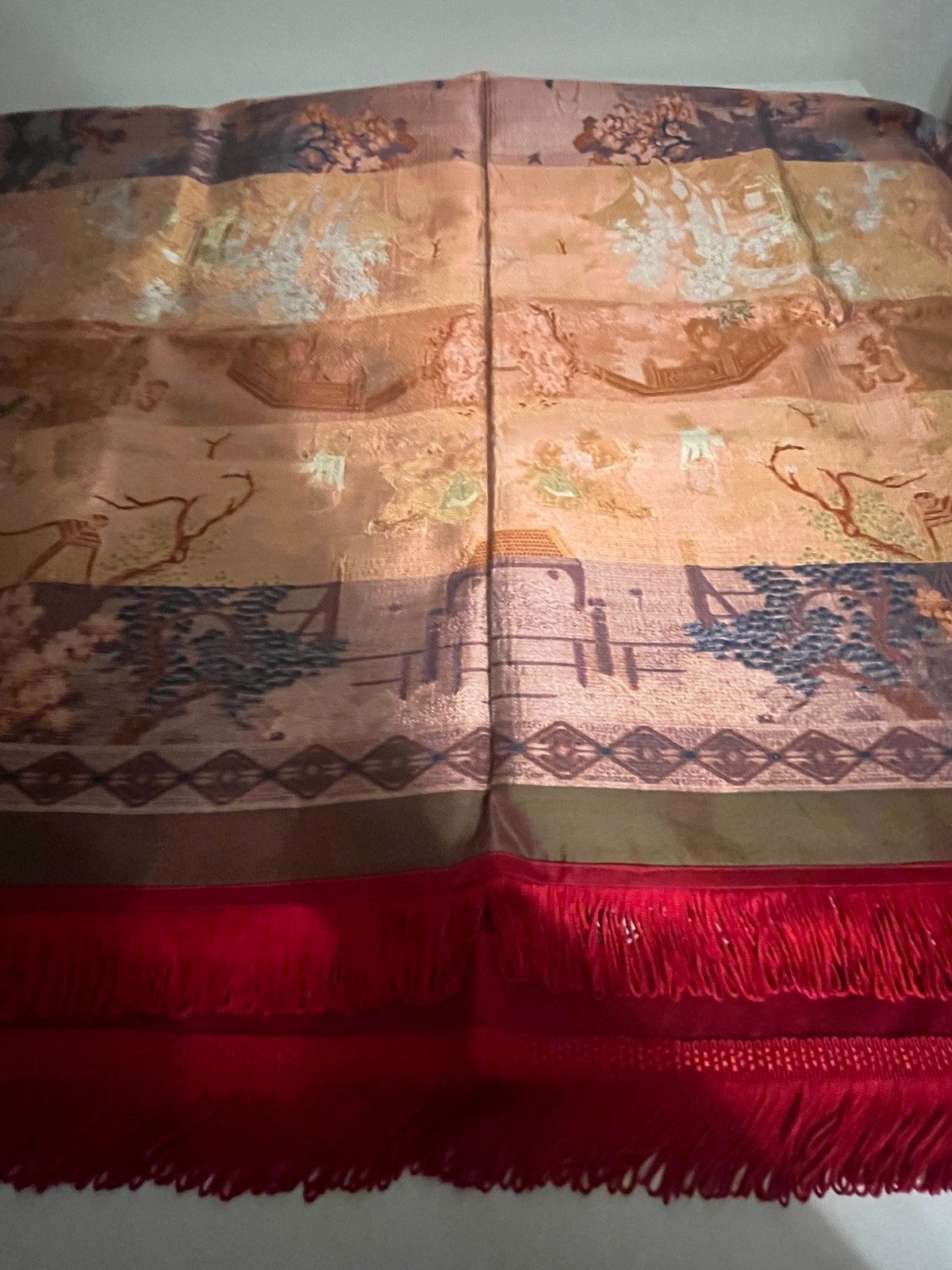 Vintage Chinese “Brocaded Flowers” Silk Blend Tapestry Tablecloth Piano Shawl