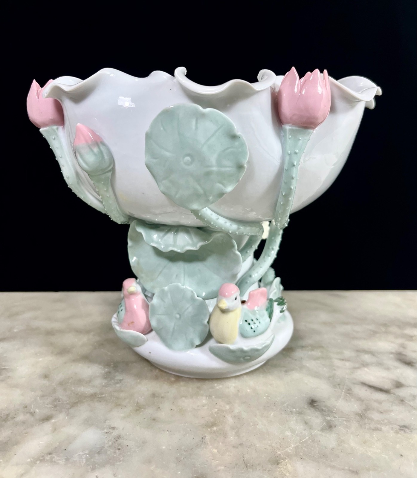 Vintage Chinese Porcelain Blanc de Chine White Lotus Footed Bowl Lily Pads Ducks