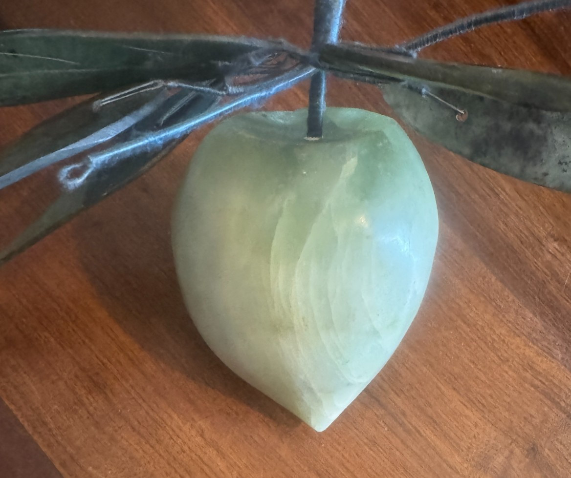 Vtg 5″ Asian Carved Green Jade Peach/Plum with Leaves Hard Stone READ