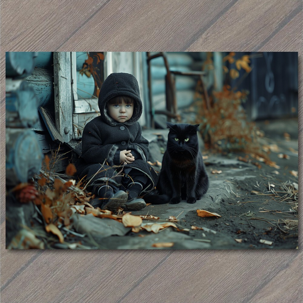 FLATCARD Girl Black Cat Weird Creepy Pet Old Vibe Unusual Cute Scary Strange Fun
