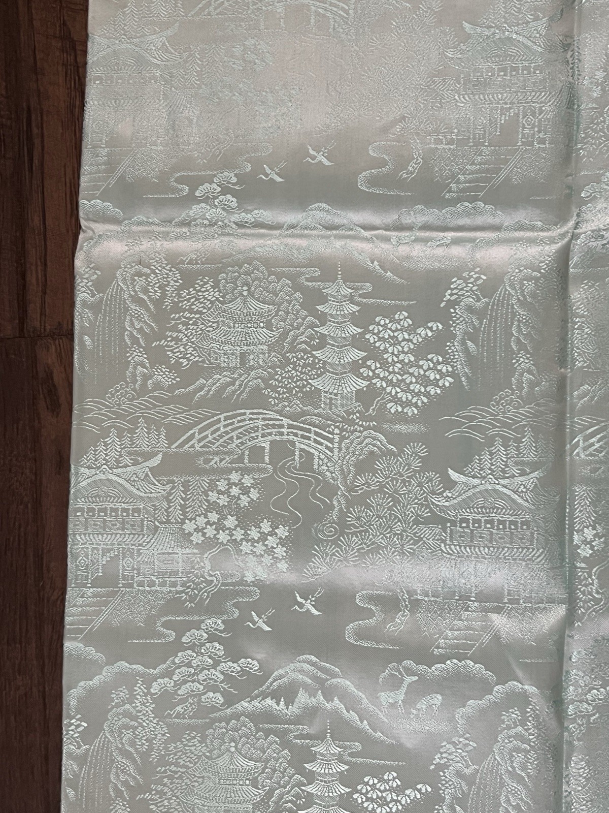 Vtg BROCADED Silky Ice Blue Tablecloth Cover Reversible China Fringe 50×60” MCM