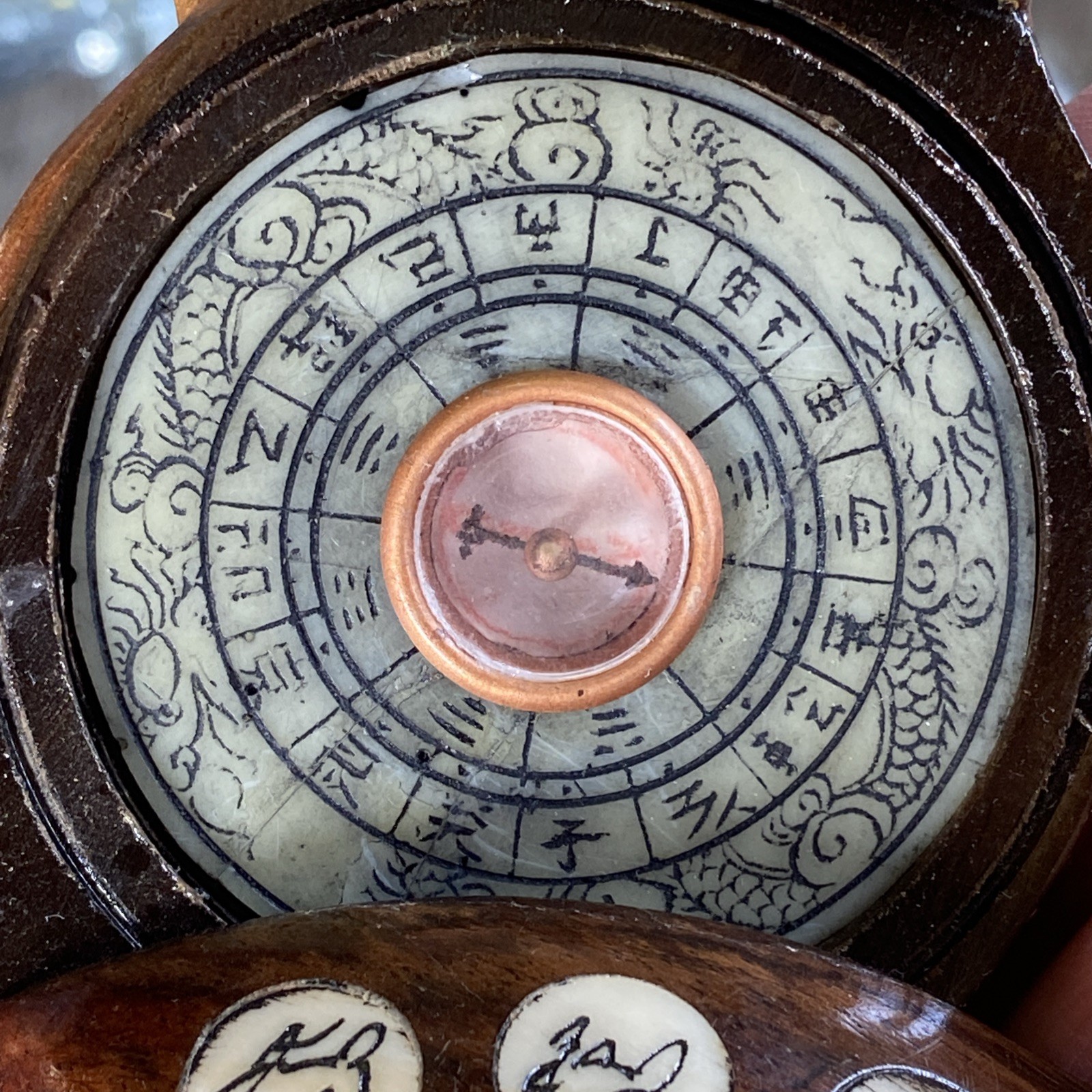 Vintage Carved Wood Turtle with Inlaid Chinese Zodiac Signs Opens to Compass 4”