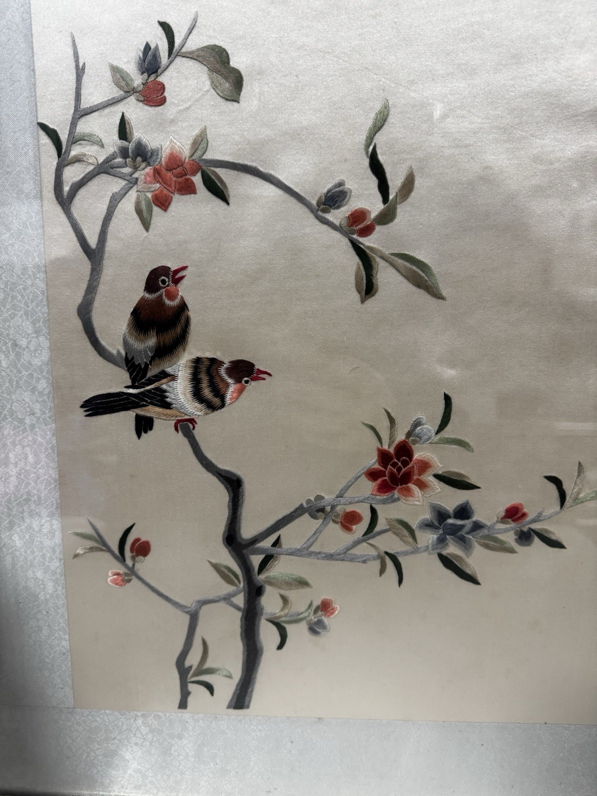 Pair Set Vintage Chinese Asian Embroidered Silk Framed Birds / Butterfly Floral