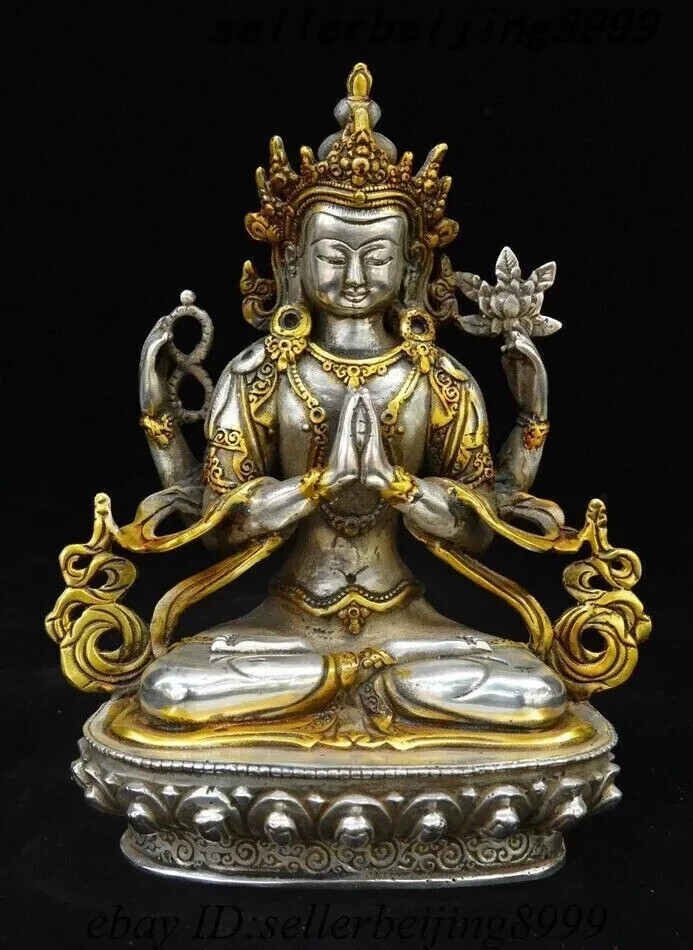 8″ Tibet Silver Gilt 4 Arms Chenrezig Goddess Buddhas Avalokiteshvara God Statue