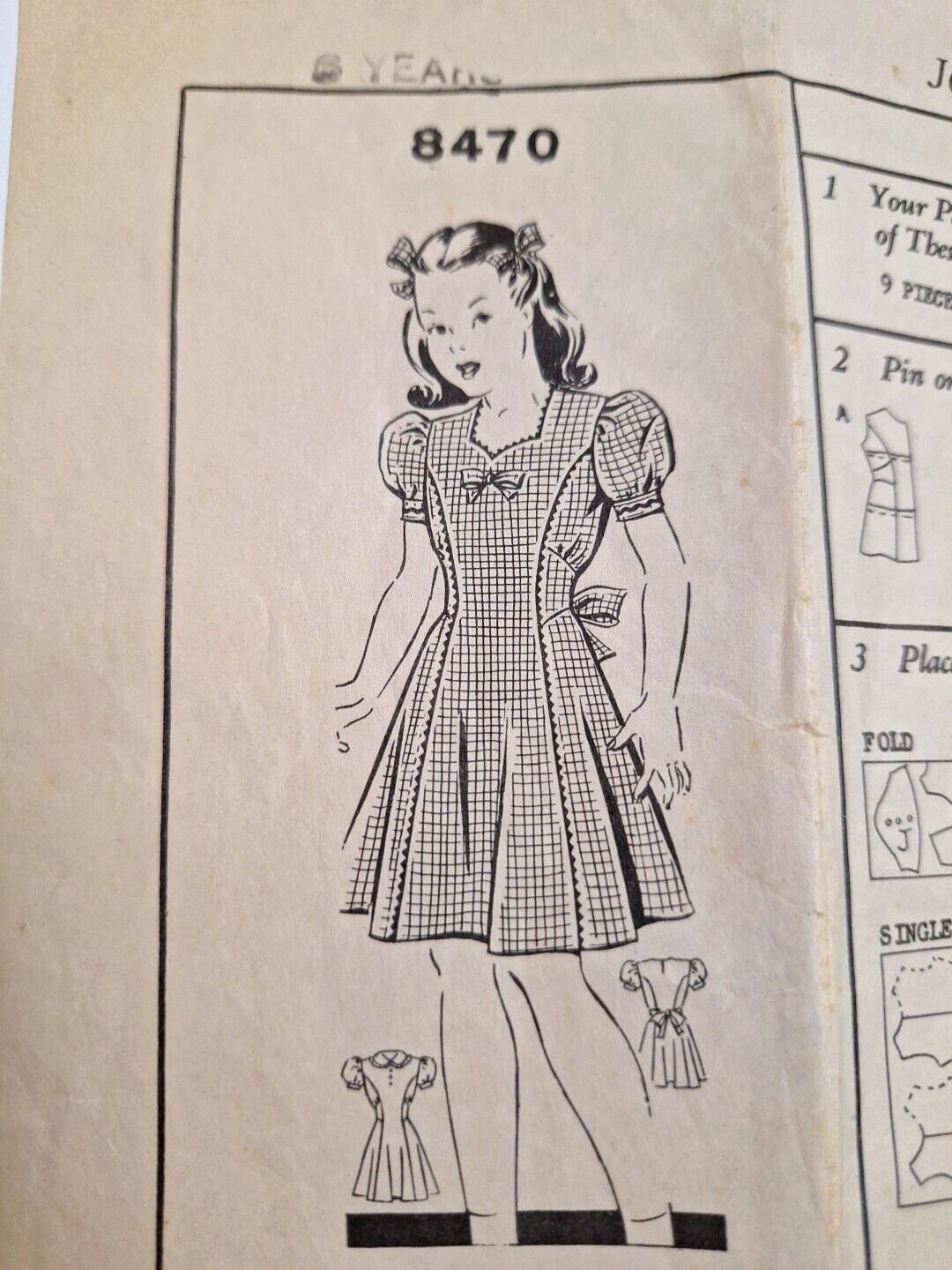 Dress Princess Seam Girls 6 Years Sewing Pattern 8470 Mail Order VTG Cut Puff
