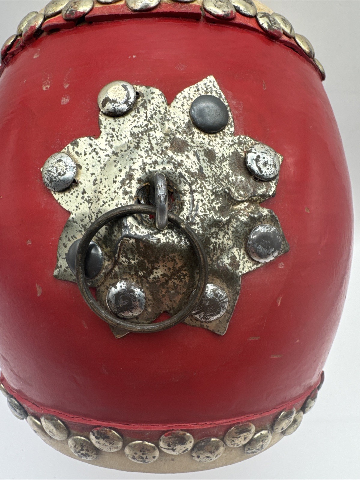 20th Century Chinese Traditional Small Red Tanggu. Wood, Cowhide, Metal 6×6 In.