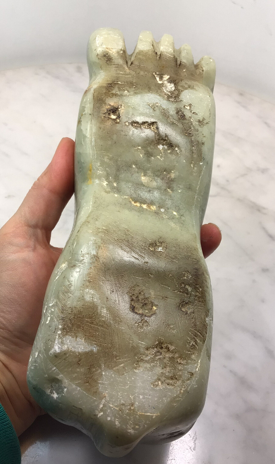 Vintage Heavy Green Stone Jade? Foot Sculpture Paperweight 8” long Rare