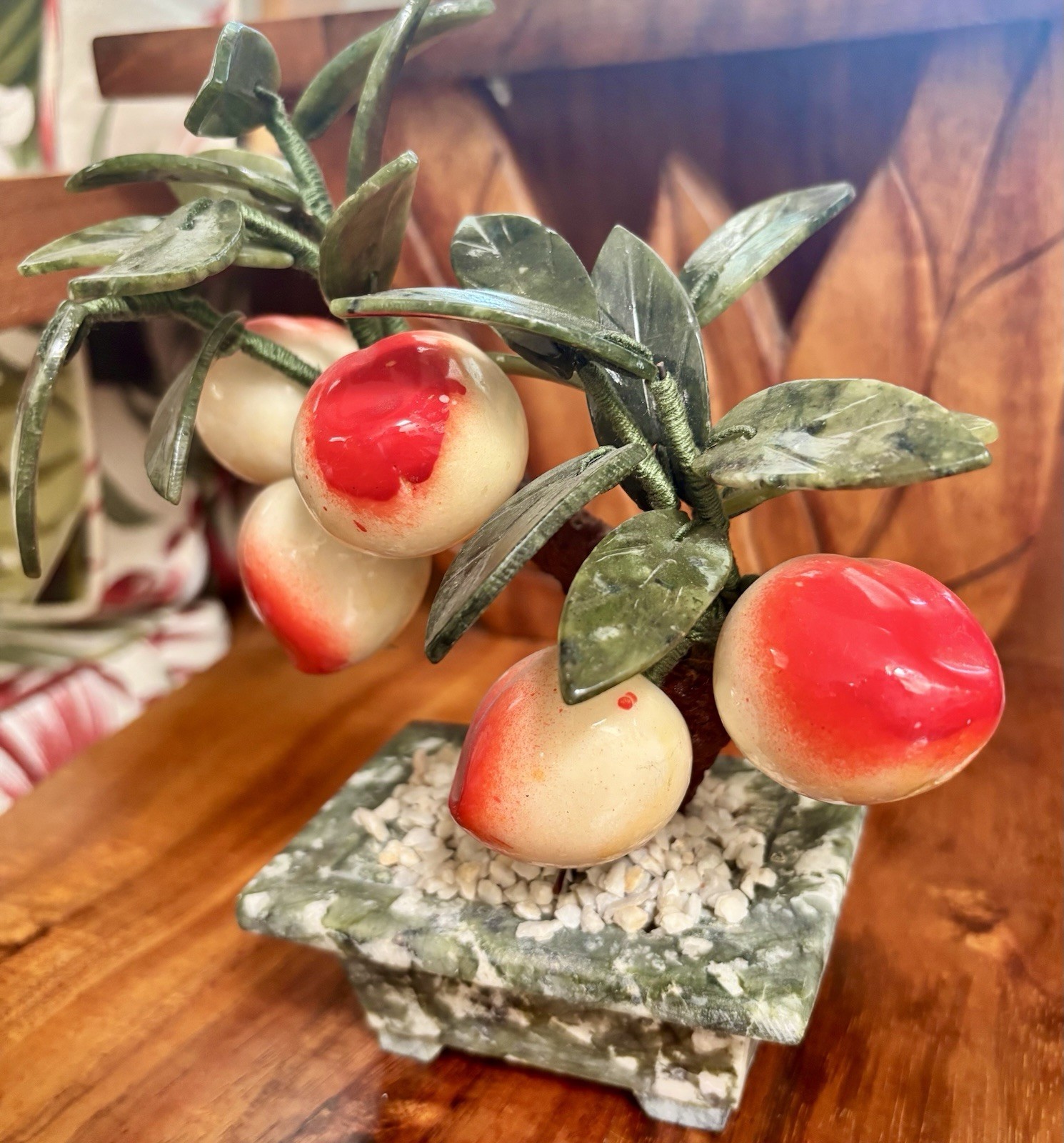 VTG Chinese Glass Jade Bonsai Tree with Plums in Rectangular Planter 7.5″ Tall