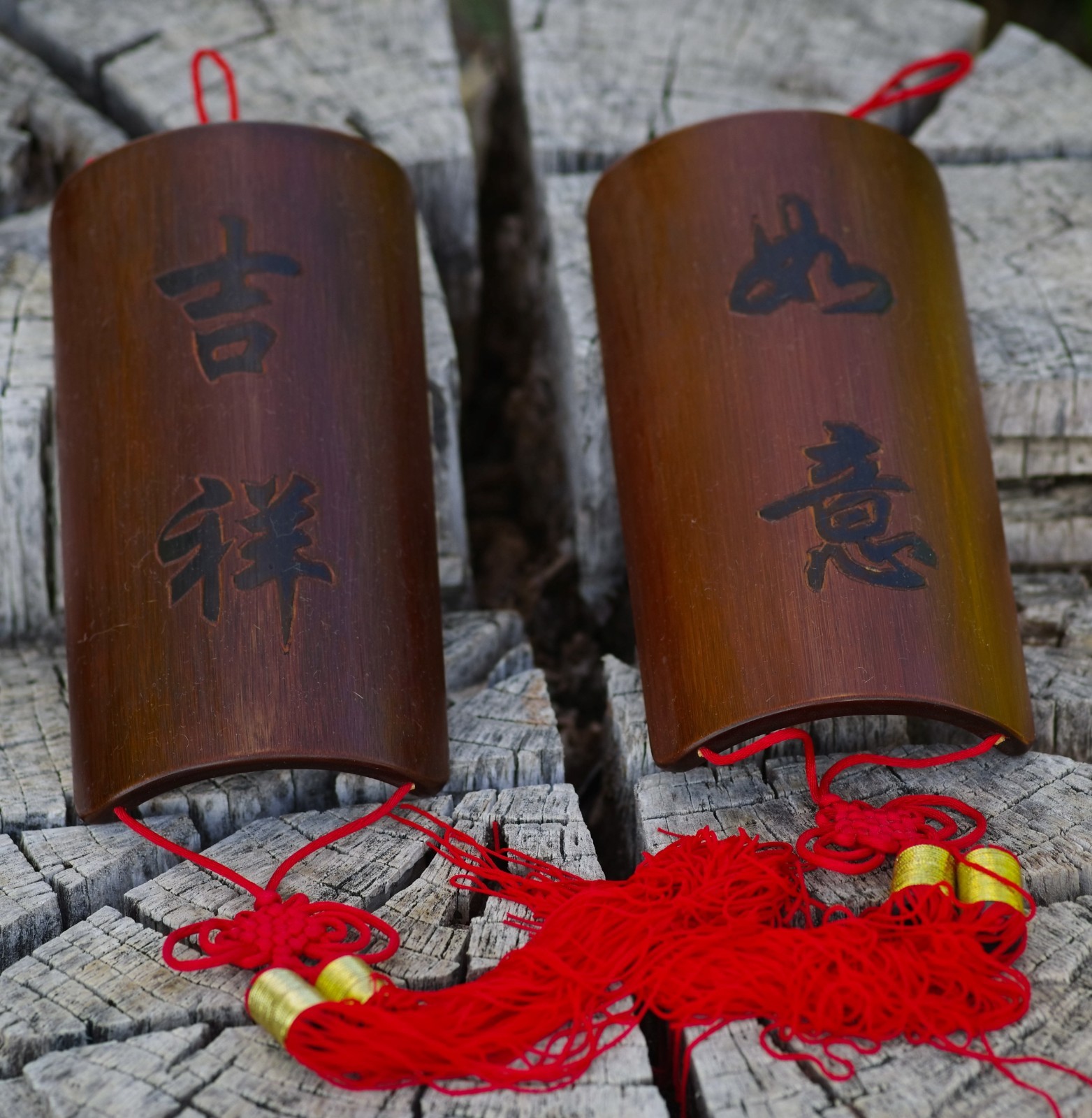 Oriental Chinese Bamboo Wall Calligraphy Good Fortune Wishes Set of 2
