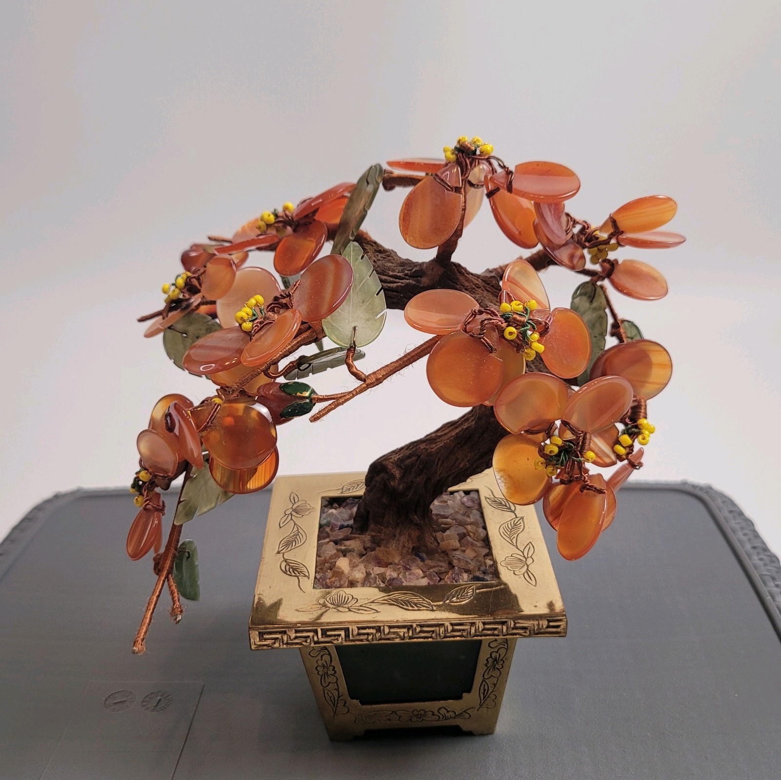 CHINESE HARDSTONE BONSAI TREE w/ CARNELIAN FLOWER/NEPHRITE INLAID JADE HONG KONG