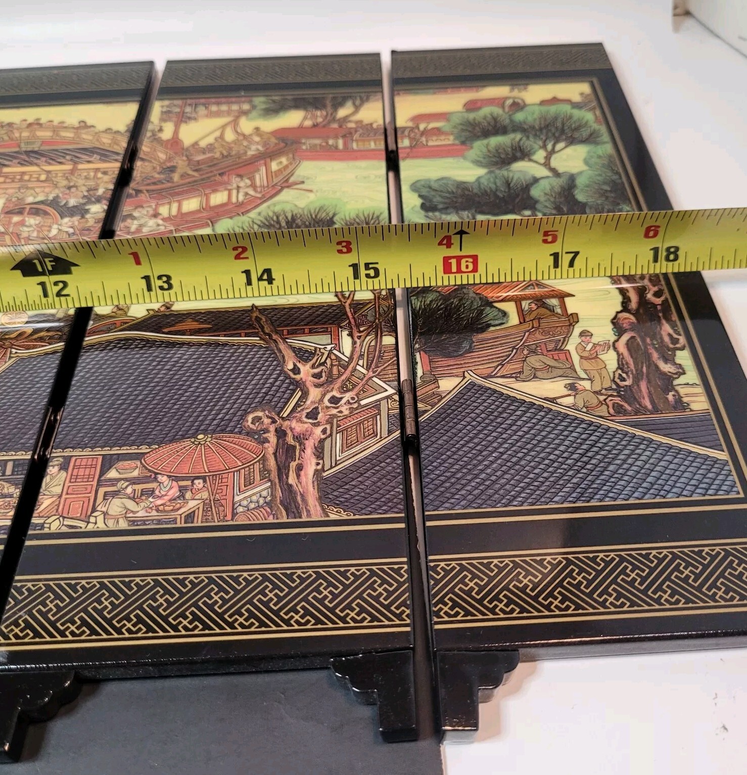 Asian Tabletop Folding Screen 4 Panels 2 Sided Festival Scene Acrylic 9.5×18″