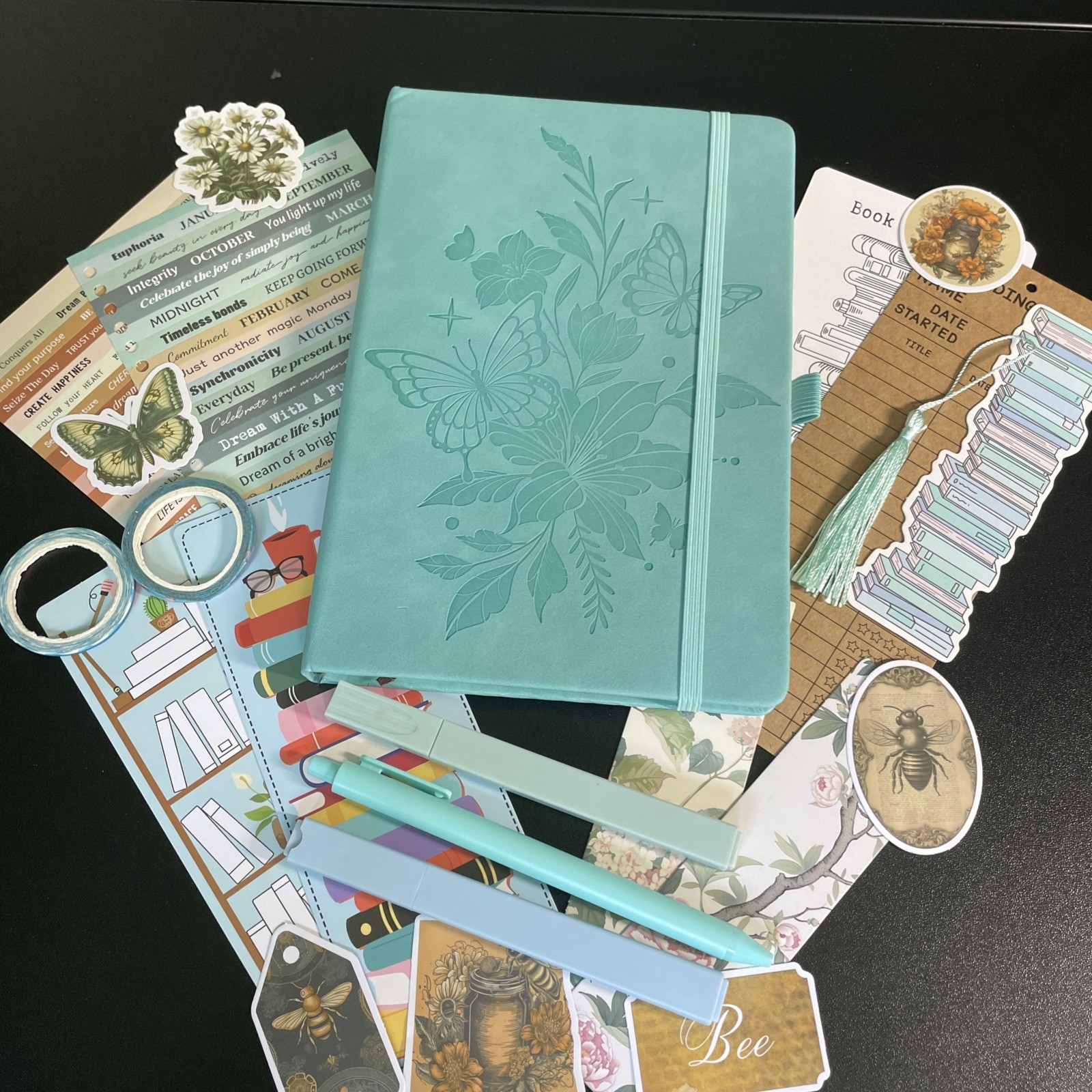 21 PC Journaling Diary Bundle Set 8×5″ Leather Lined Bookmarks Pens Stickers 79