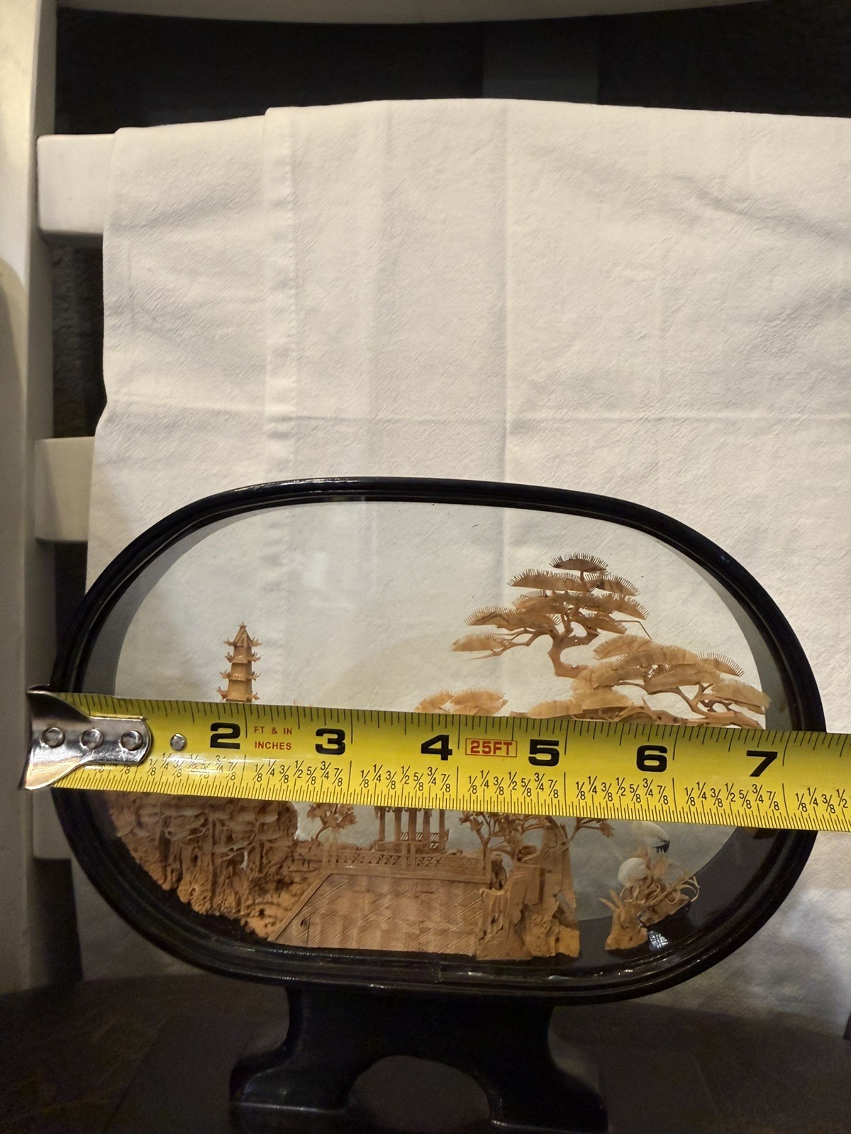 MCM Vtg. Carved Cork Chinese Art Diorama w/Cranes Pagoda and Trees Black Lacquer